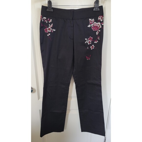 Women's Shanghai Tang Embroidered Floral Black Pants - Picture 1 of 3